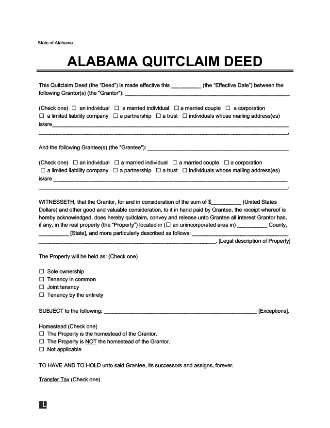Alabama Quit Claim Deed: How It Works